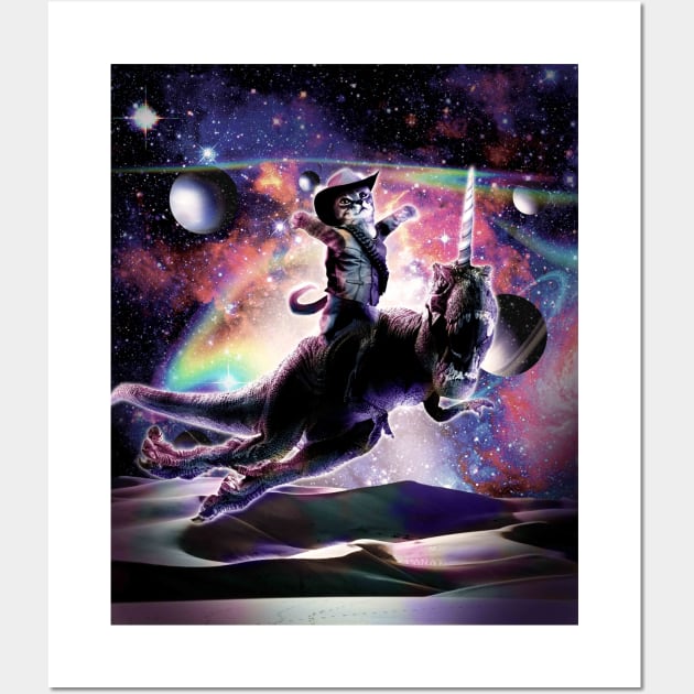 Galaxy Cat On Dinosaur Unicorn In Space Wall Art by Random Galaxy